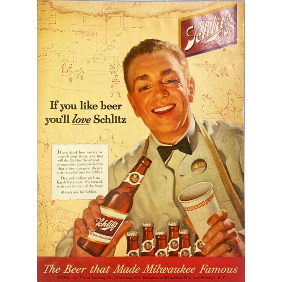 Schlitz Beer "If you like beer you'll love Schlitz" Vintage Print Ad 1954 - Picture 1 of 3